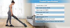 Folding Walking Pad Treadmill 2.5HP Incline Bluetooth